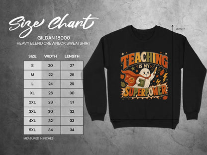 Gildan 18000 sweatshirt size chart with measurements for width and length.
