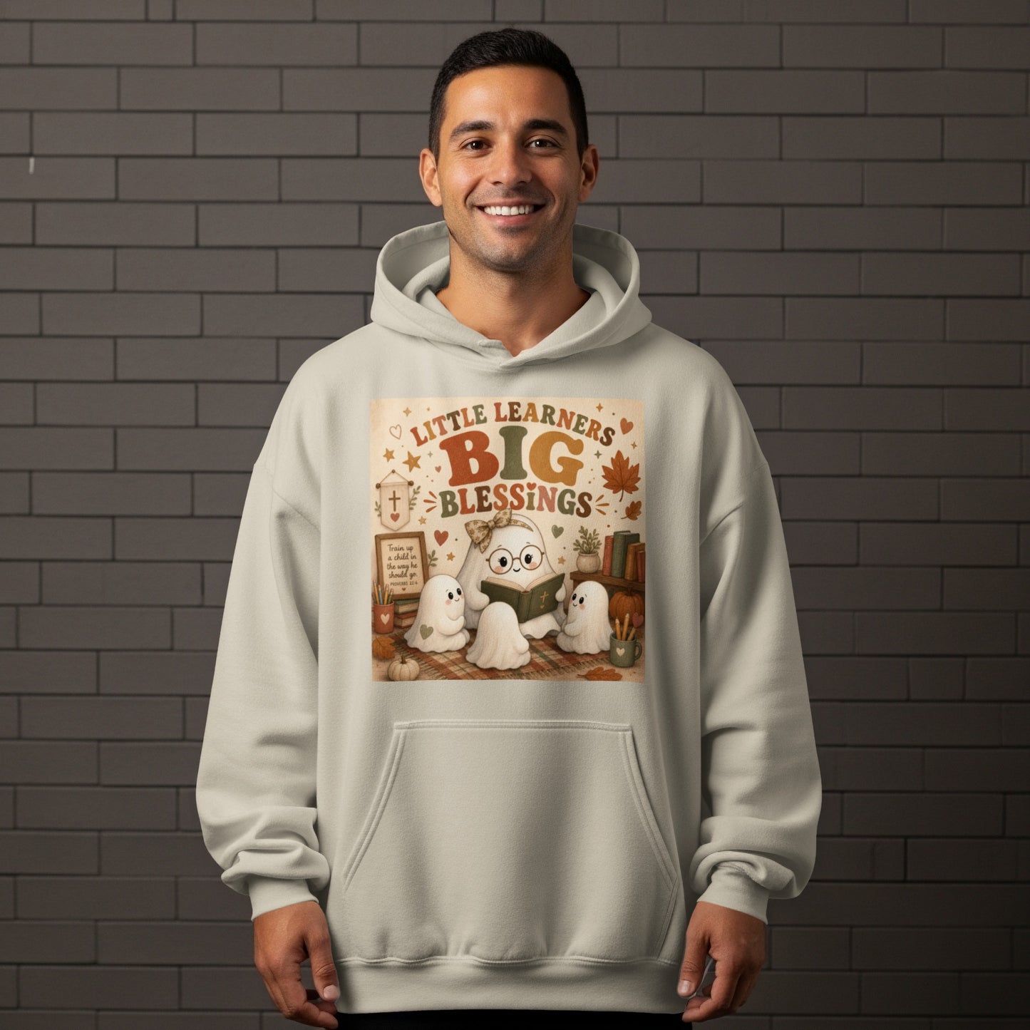 Little Learners Big Blessings graphic with ghosts reading a book.