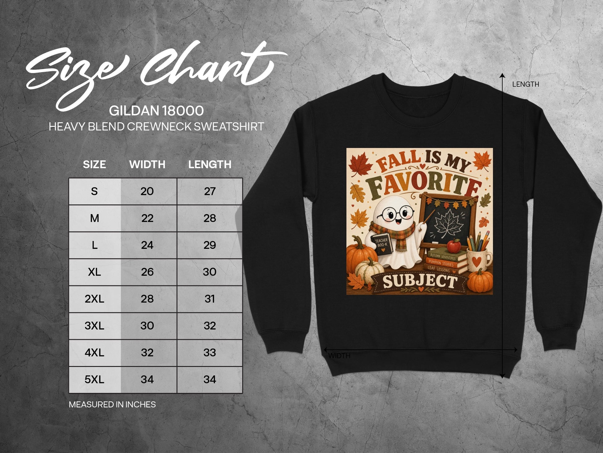 Gildan 18000 sweatshirt size chart with cartoon ghost and fall-themed graphic.