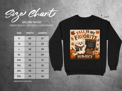 Gildan 18000 sweatshirt size chart with cartoon ghost and fall-themed graphic.