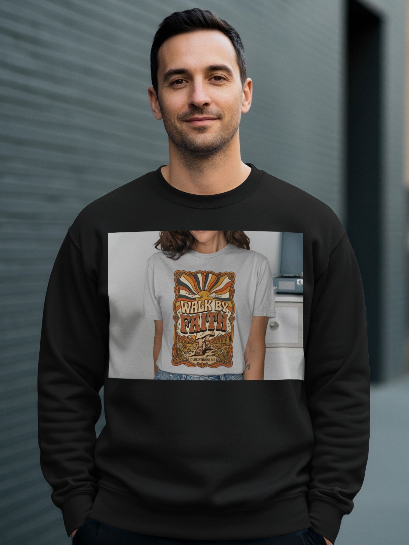 Crew neck sweatshirt featuring a graphic tee with "Walk by Faith" text and sunburst design.