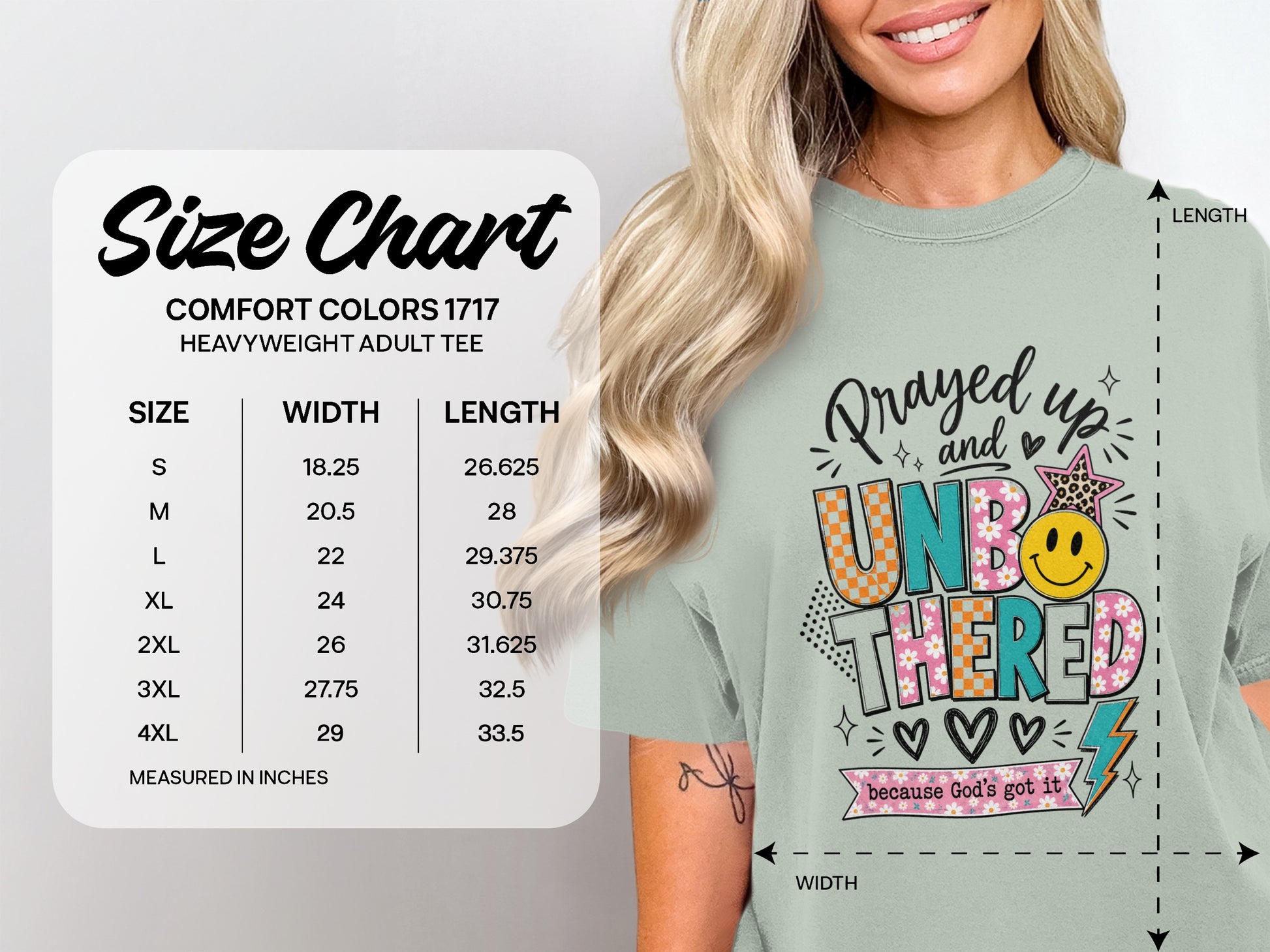 Comfort Colors 1717 heavyweight adult tee size chart with width and length measurements.