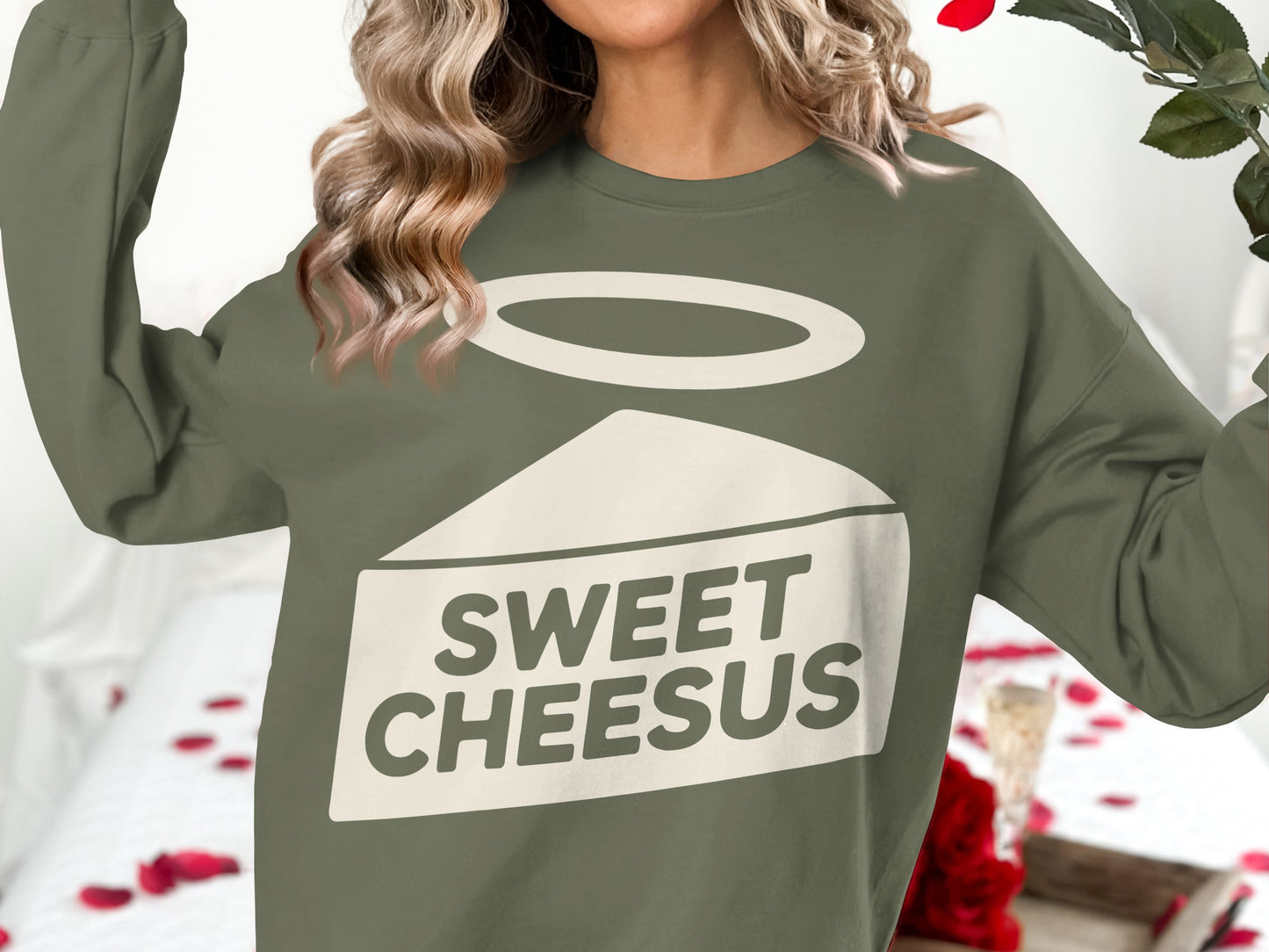Crewneck sweatshirt with "Sweet Cheesus" text and halo design.