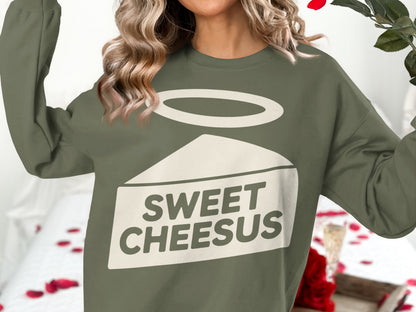 Crewneck sweatshirt with "Sweet Cheesus" text and halo design.