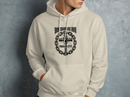 Cream hoodie with "Iron Sharpens Iron" and Proverbs 27:17 text.