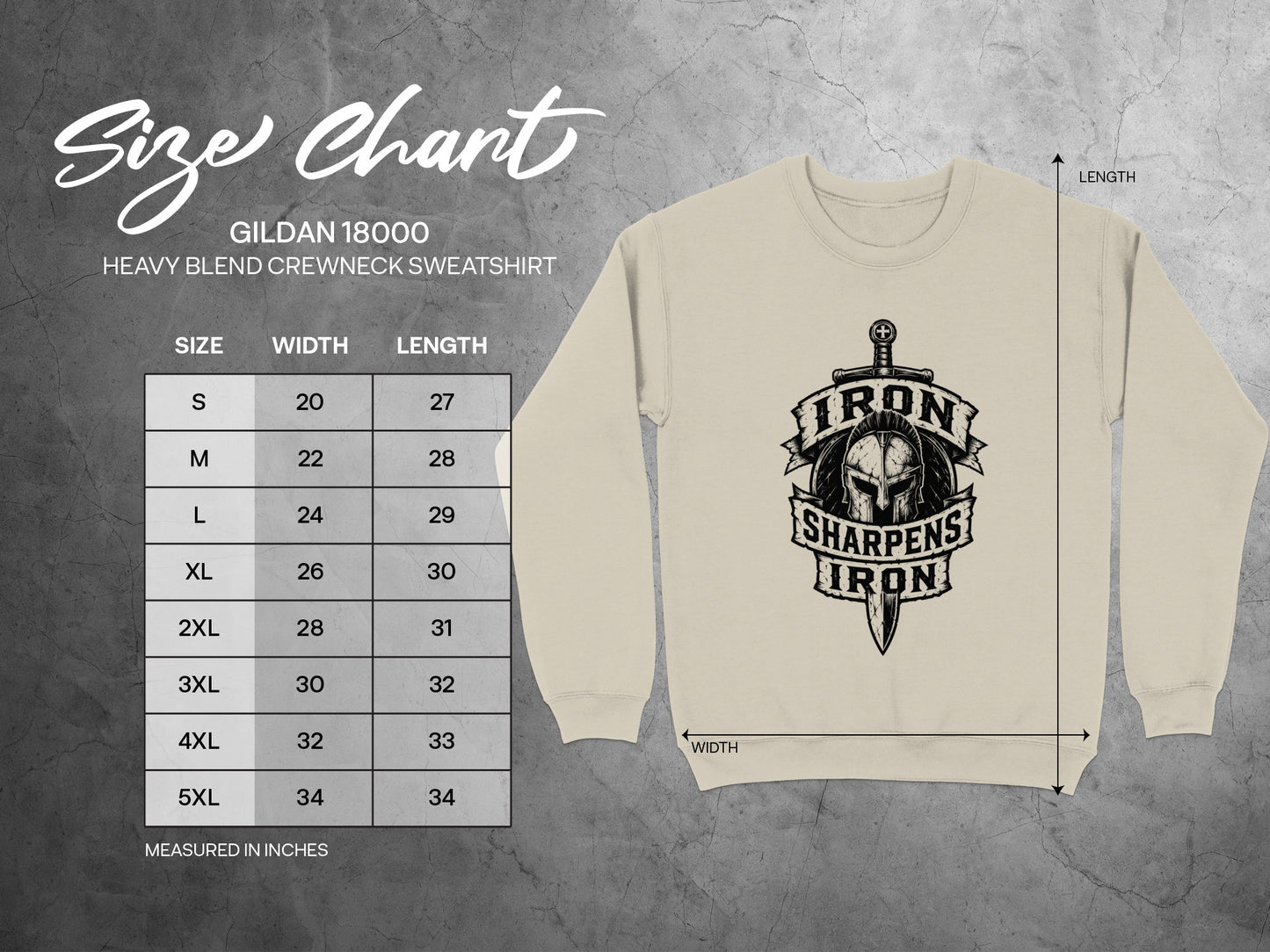 Gildan 18000 sweatshirt size chart with Iron Sharpens Iron logo.