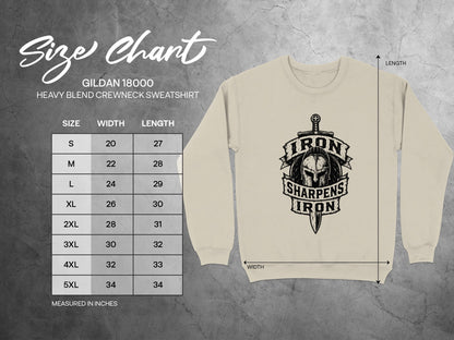 Gildan 18000 sweatshirt size chart with Iron Sharpens Iron logo.