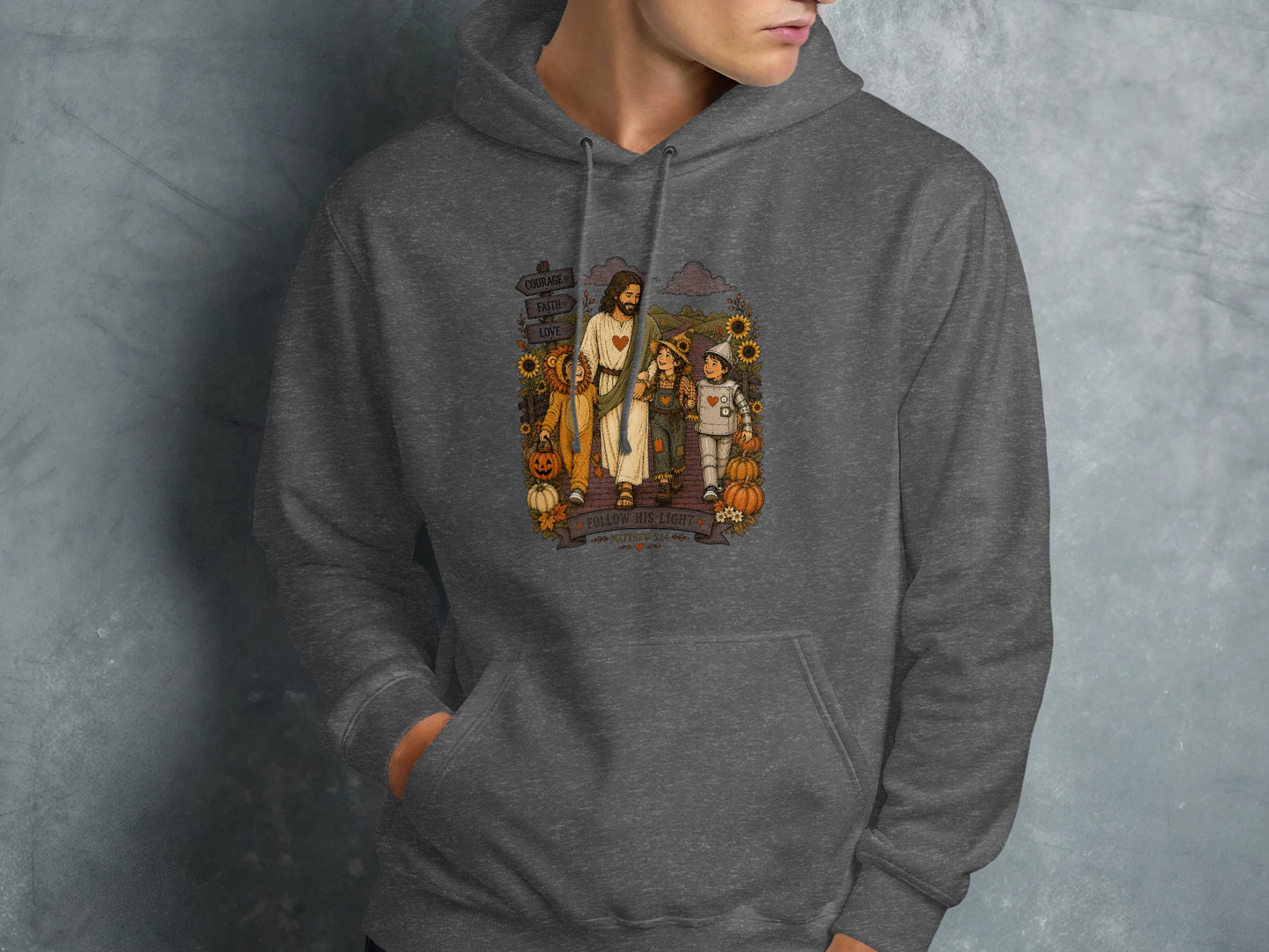 Jesus walking with children holding sunflowers and signs that say "Follow His Light."
