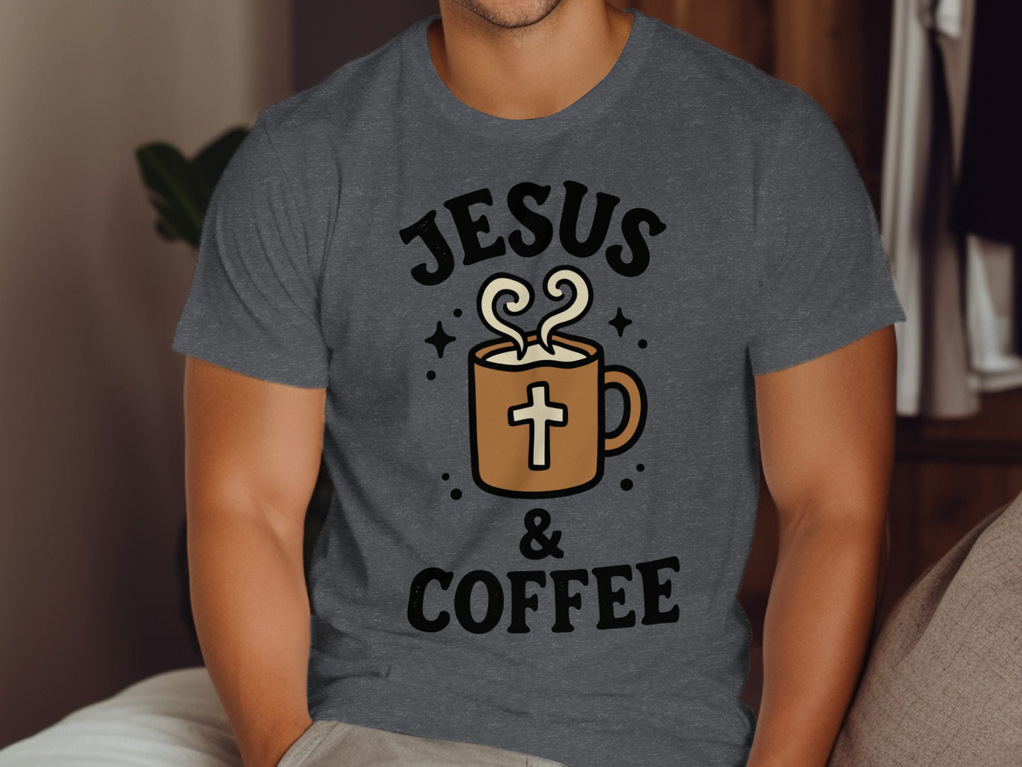 Dark gray t-shirt with "Jesus & Coffee" text and a coffee cup graphic.