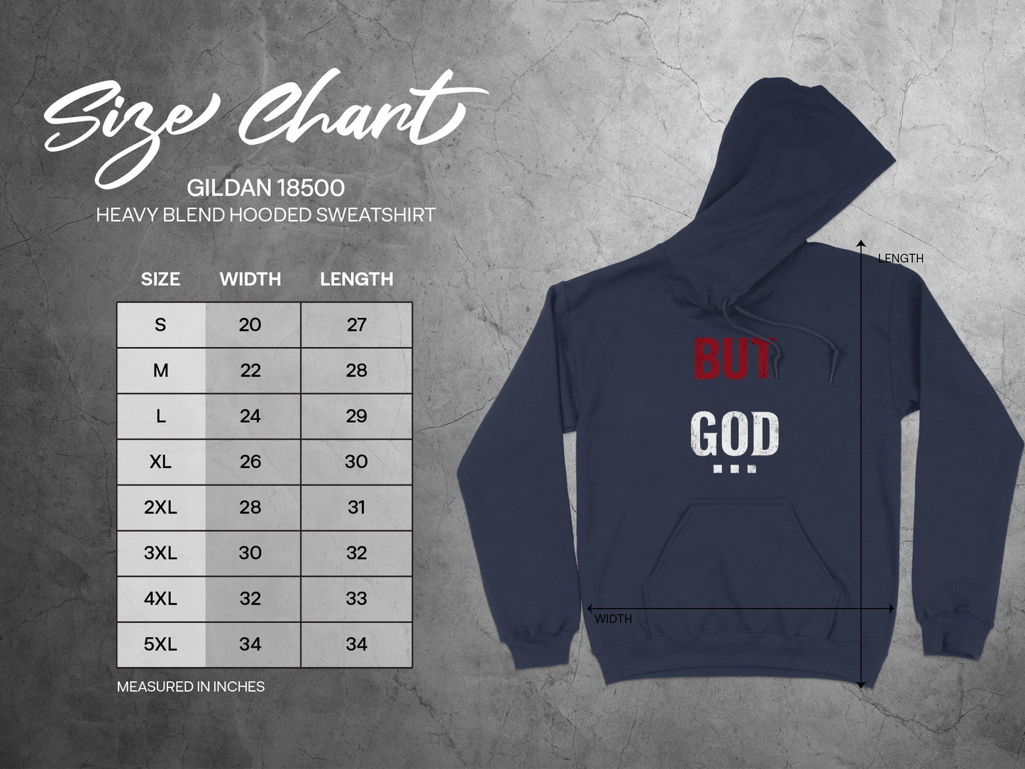 Gildan 18500 hooded sweatshirt size chart with width and length measurements.