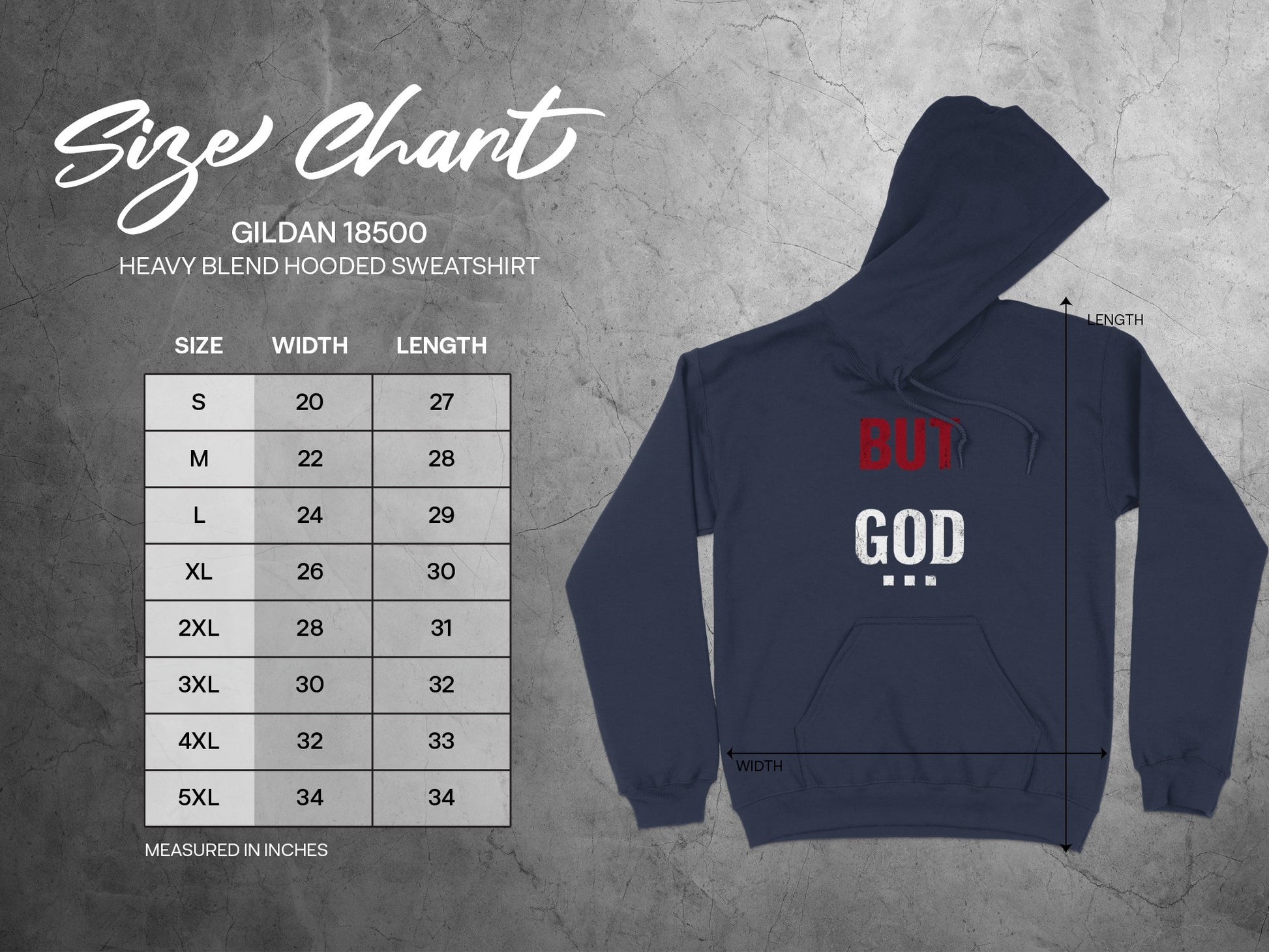 Gildan 18500 hooded sweatshirt size chart with width and length measurements.