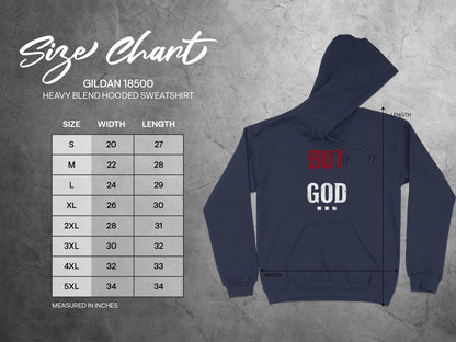 Gildan 18500 hooded sweatshirt size chart with width and length measurements.