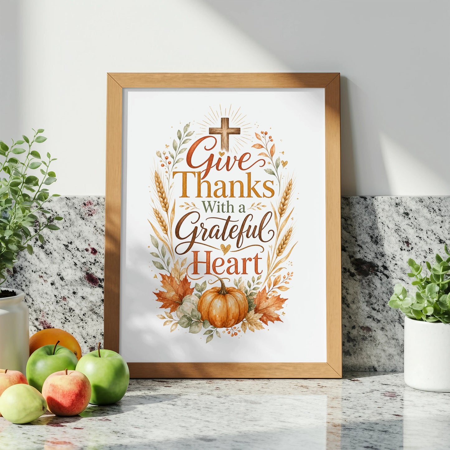 Thanksgiving art print with pumpkin, leaves, wheat, and cross, reading "Give Thanks With a Grateful Heart".