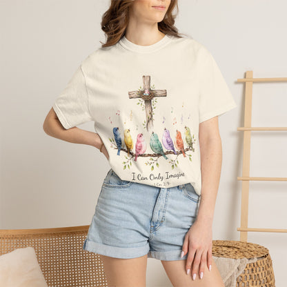 I Can Only Imagine Shirt, Cross with Songbirds Women's Christian Tee | 1 Corinthians 2:9 Worship Gift