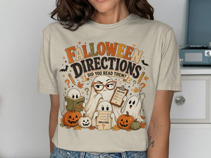 Halloween ghosts with pumpkins holding directions and reading books.