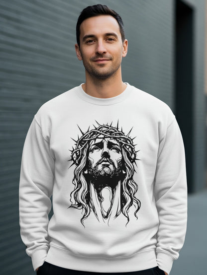 White sweatshirt with a black graphic of Jesus wearing a crown of thorns.