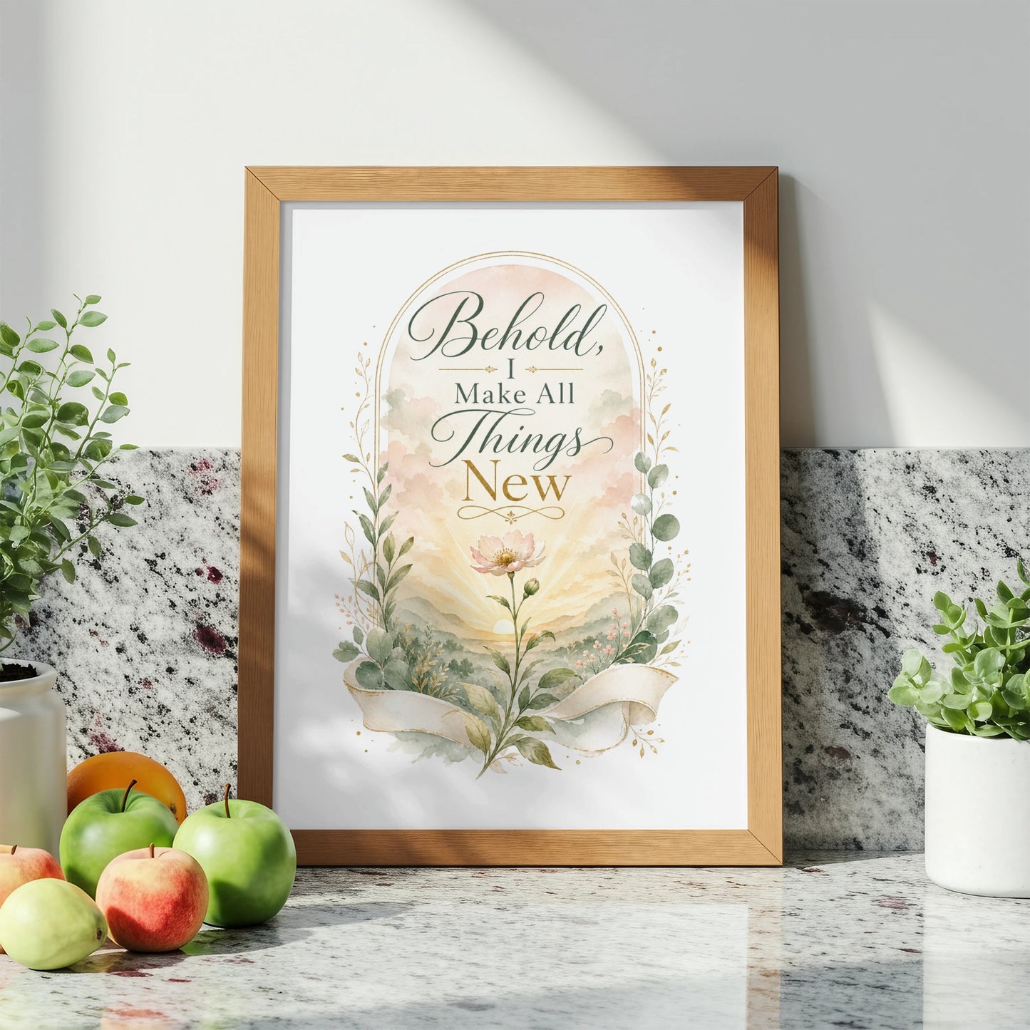 Framed art with text 'Behold, I Make All Things New' and floral watercolor design.