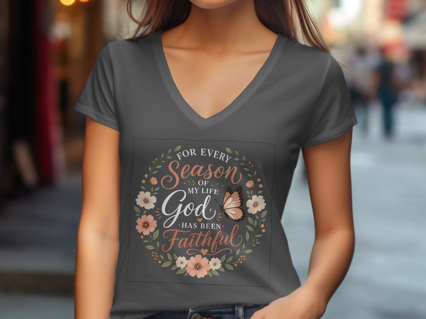 Dark gray v-neck t-shirt with "For Every Season of My Life God Has Been Faithful" floral graphic.