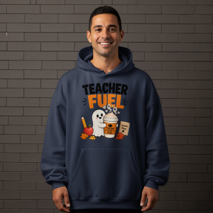Navy hoodie with "Teacher Fuel" graphic featuring a ghost, coffee cup, apple, and lesson plans.