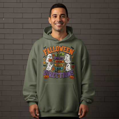 Green hoodie with "Falloween Directions" text and cartoon ghosts on a signpost.