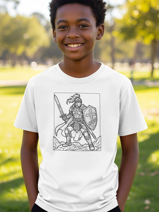 Boy wearing white t-shirt with knight illustration holding sword and shield.