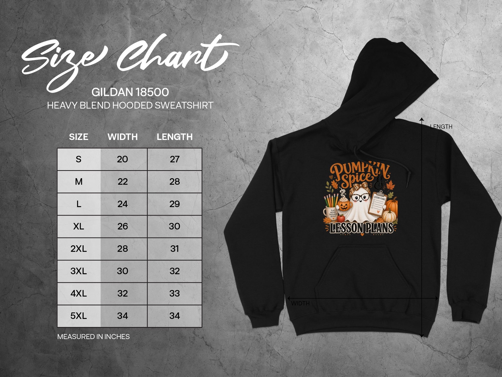 Gildan 18500 size chart for heavy blend hooded sweatshirts.