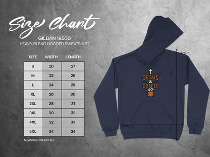 Gildan 18500 hooded sweatshirt size chart with measurements for width and length.