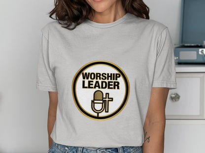 Grey t-shirt with "Worship Leader" text and microphone cross graphic.