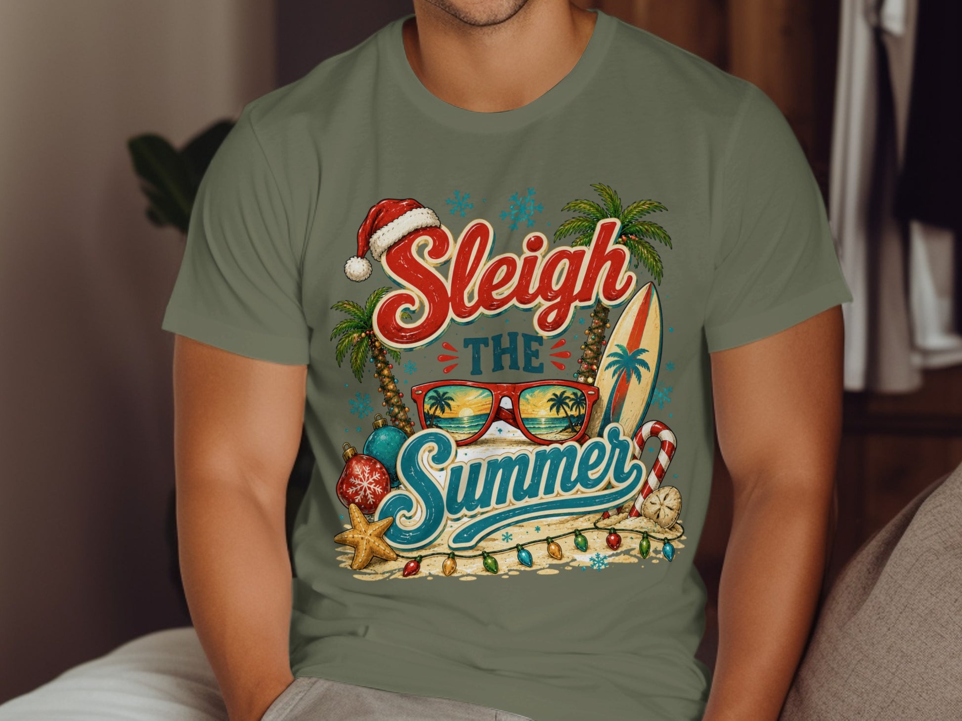 T-shirt with "Sleigh the Summer" text, sunglasses, surfboard, and beach decorations.