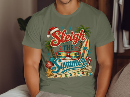 T-shirt with "Sleigh the Summer" text, sunglasses, surfboard, and beach decorations.