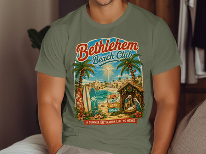 Green t-shirt with "Bethlehem Beach Club" and nativity scene.