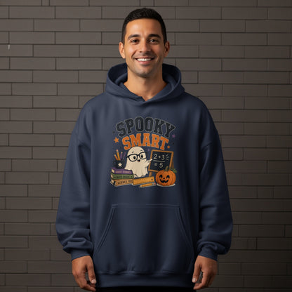 Dark blue hoodie with a "Spooky Smart" ghost, books, and Halloween graphic.