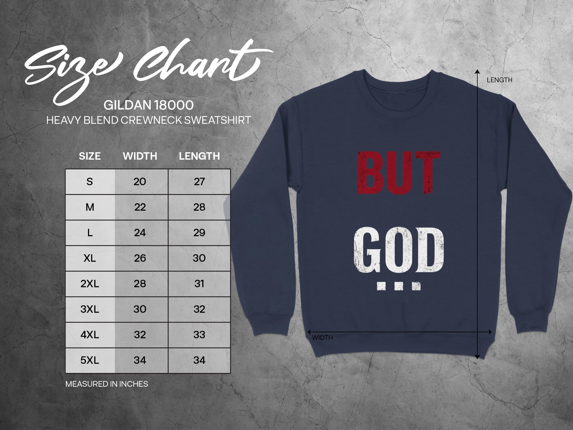 Gildan 18000 size chart for crewneck sweatshirt.