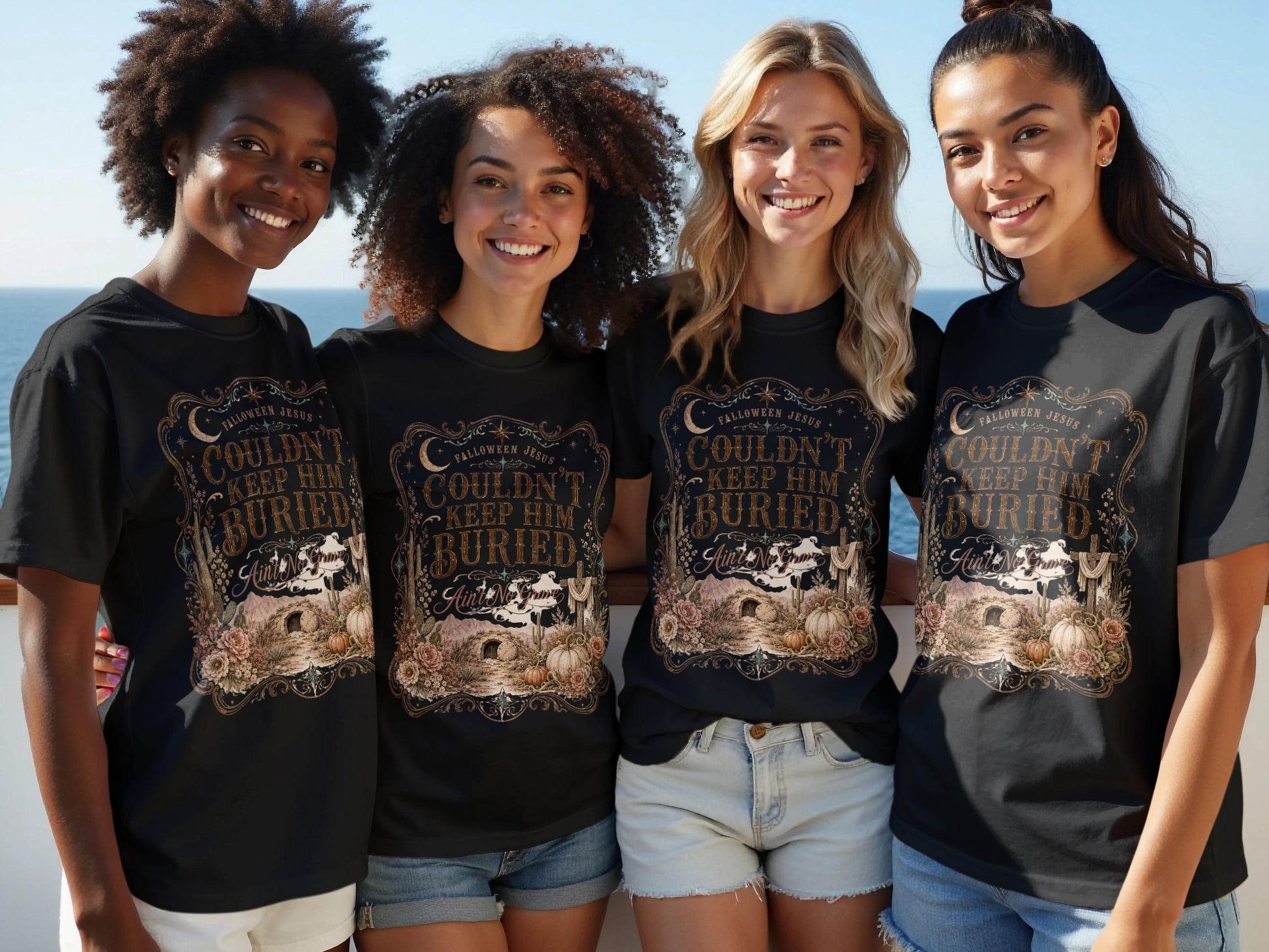 Black t-shirt with "Halloween Jesus Couldn't Keep Him Buried" graphic.