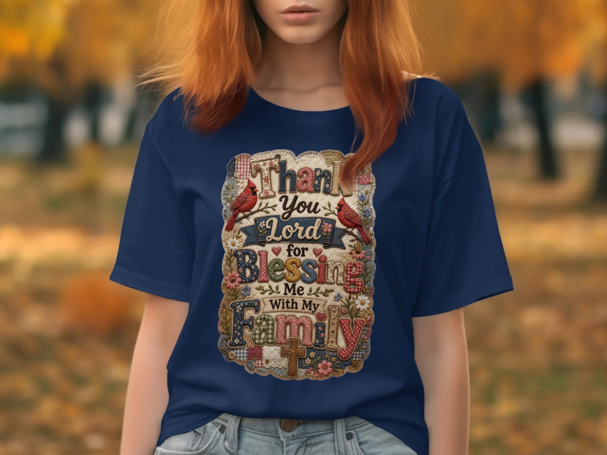 Navy t-shirt with "Thank You Lord for Blessing Me With My Family" text and floral accents.
