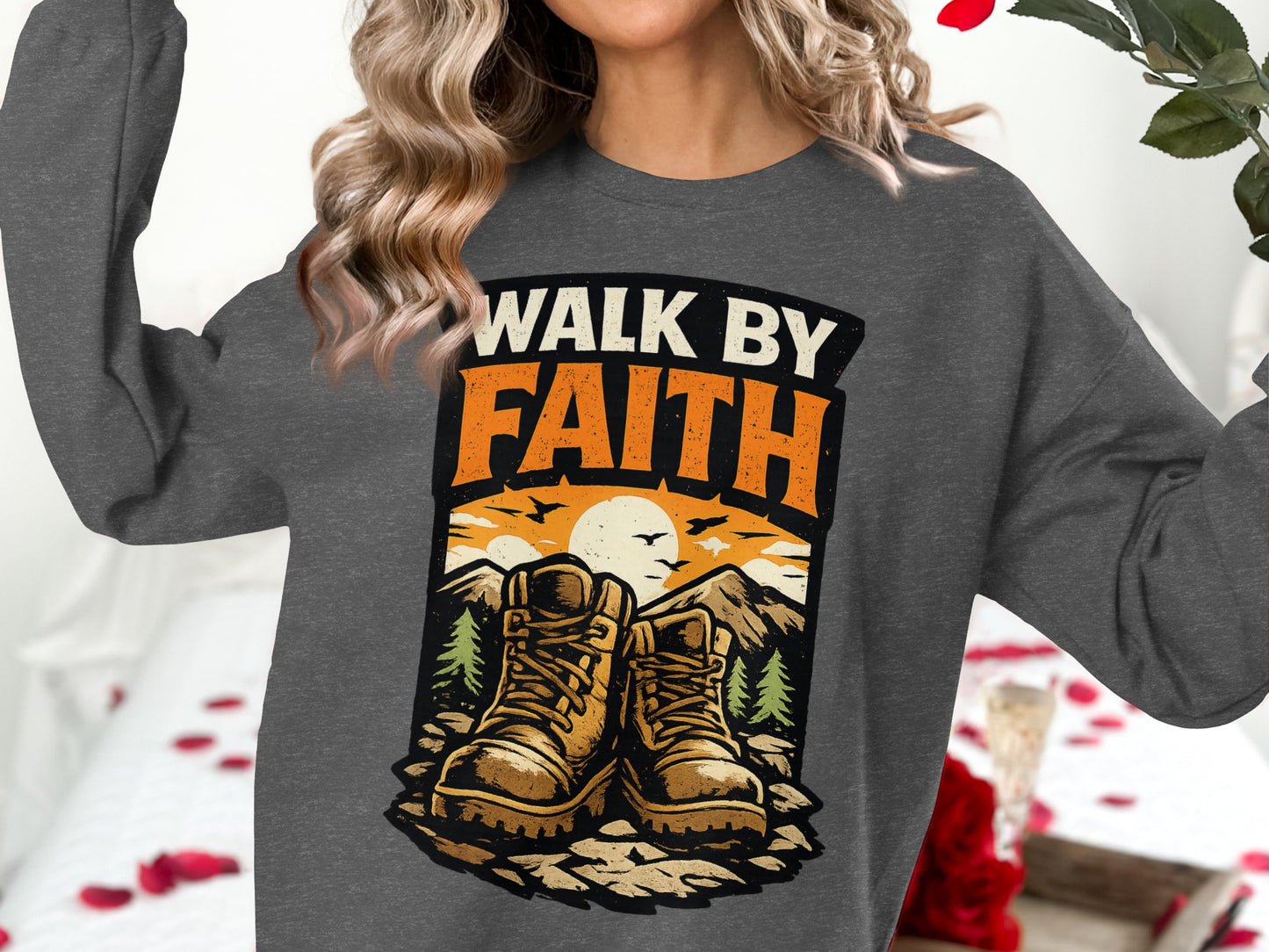 Gray sweatshirt with "Walk by Faith" and hiking boots graphic.