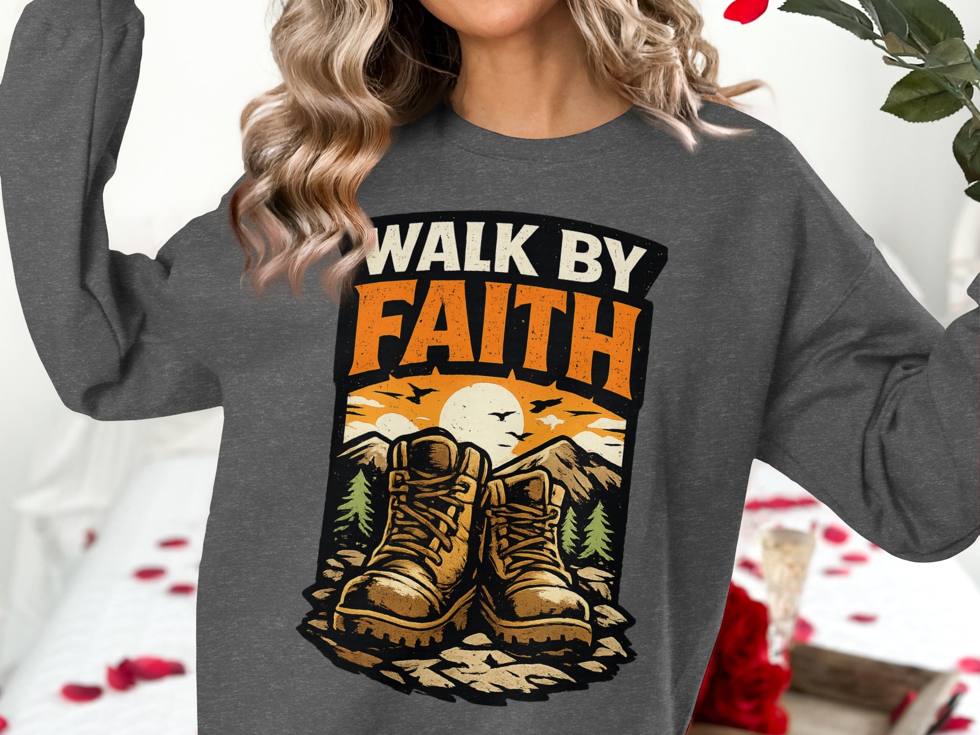 Gray sweatshirt with "Walk by Faith" and hiking boots graphic.