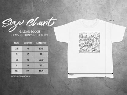 Gildan 5000B youth t-shirt size chart with width and length measurements in inches.