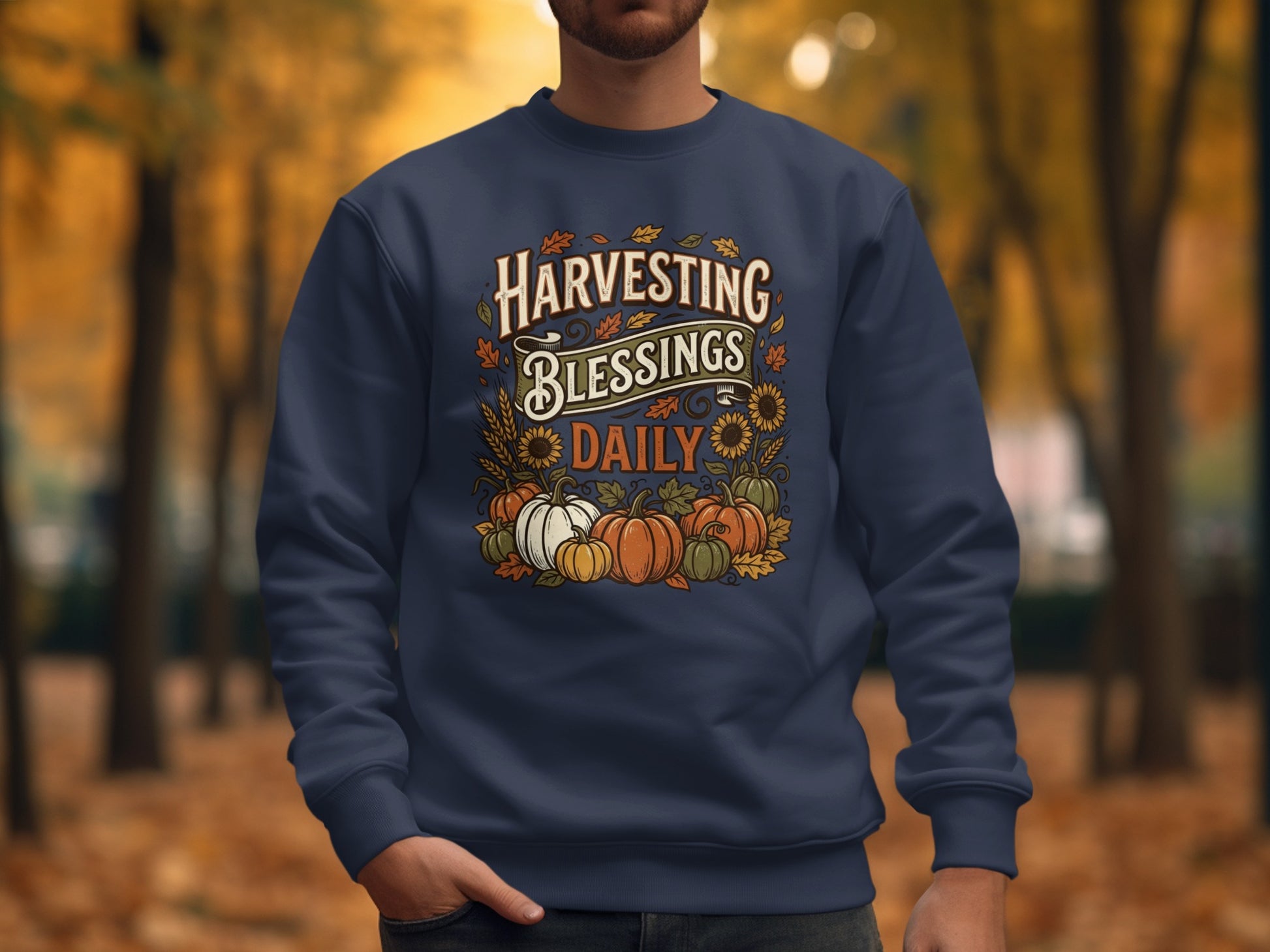 Navy sweatshirt with "Harvesting Blessings Daily" text and pumpkin and sunflower graphics.