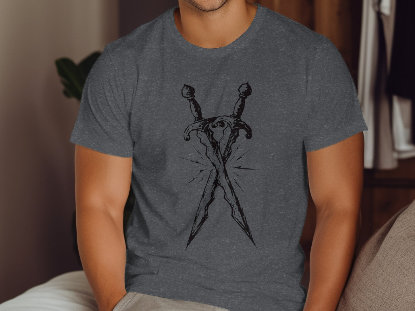 Dark gray t-shirt with crossed dagger design.