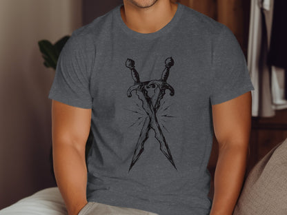 Dark gray t-shirt with crossed dagger design.