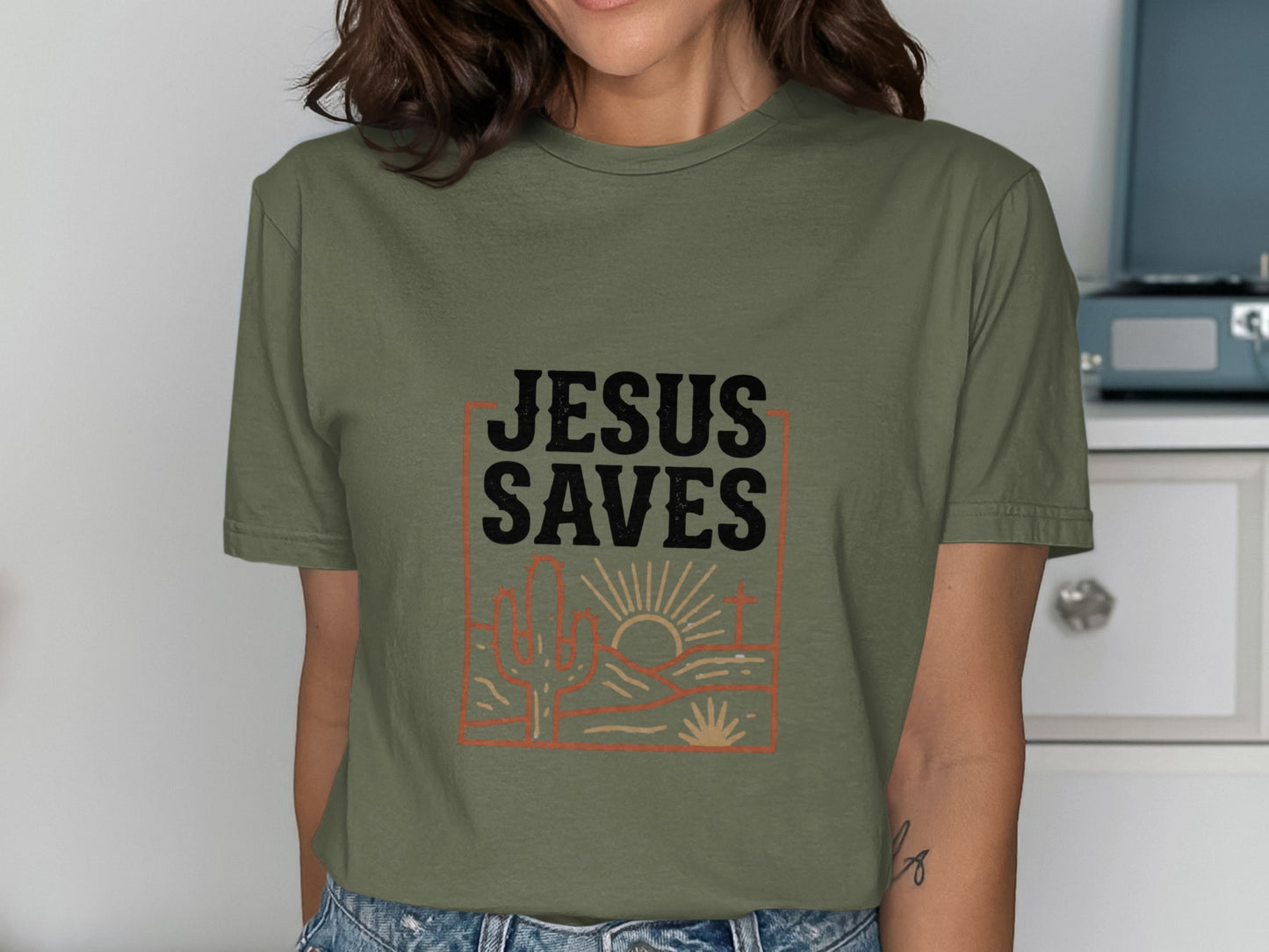 Jesus Saves T-Shirt, Christian Faith Tee, Religious Desert Landscape Shirt, Insp | Christian shirt | Custom Church Merch