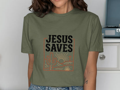 Jesus Saves T-Shirt, Christian Faith Tee, Religious Desert Landscape Shirt, Insp | Christian shirt | Custom Church Merch