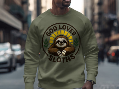 Green sweatshirt with "God Loves Sloths" text and a smiling sloth graphic.