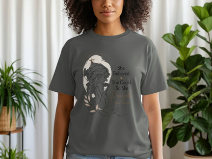 Dark grey t-shirt with "She Believed She Could, So She Prayed" text and prayer graphic.