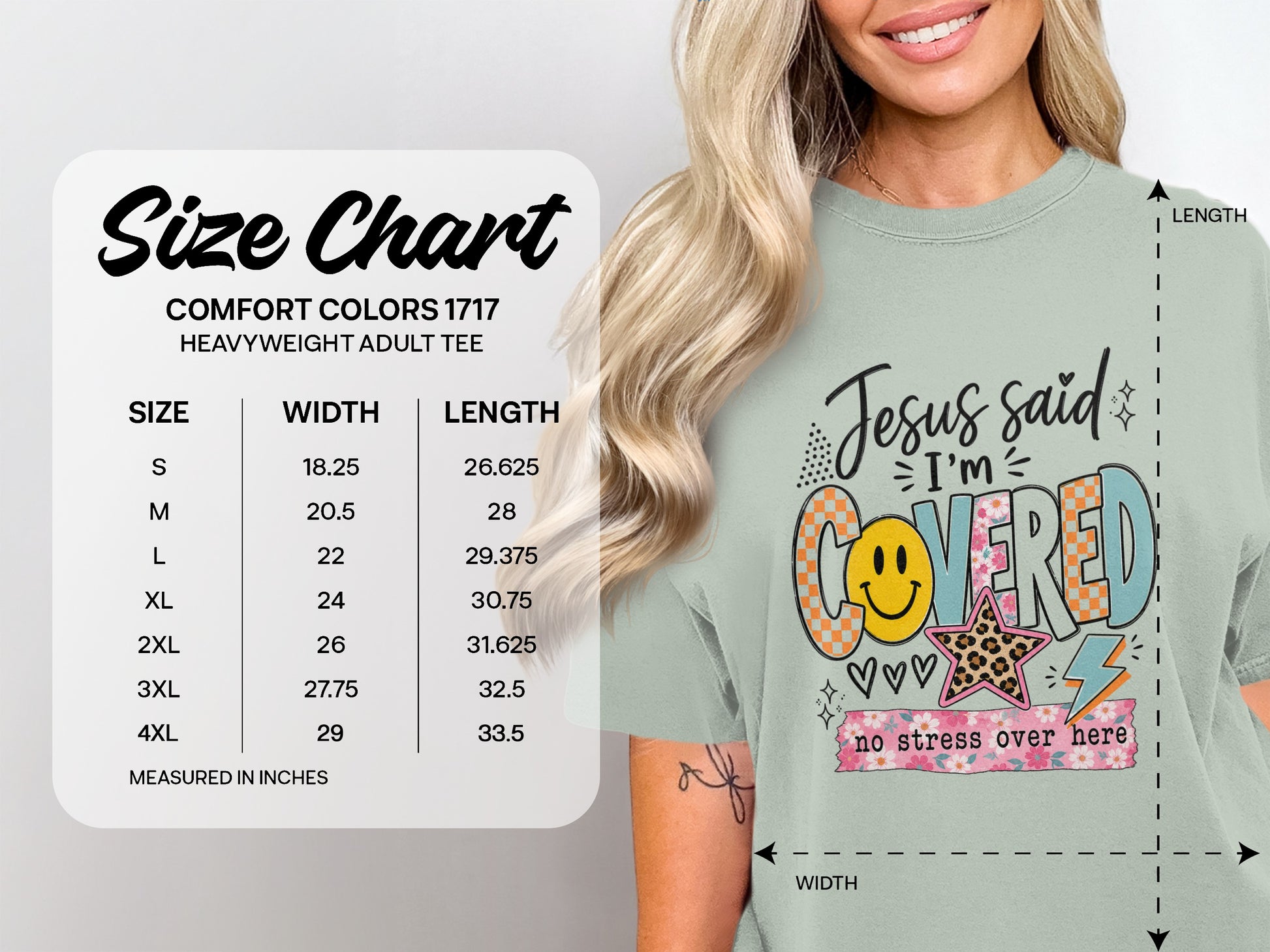 Size chart for Comfort Colors 1717 heavyweight adult tee, with width and length measurements.