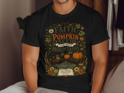 Black t-shirt with "Faith like a pumpkin seed can move mountains" scripture.