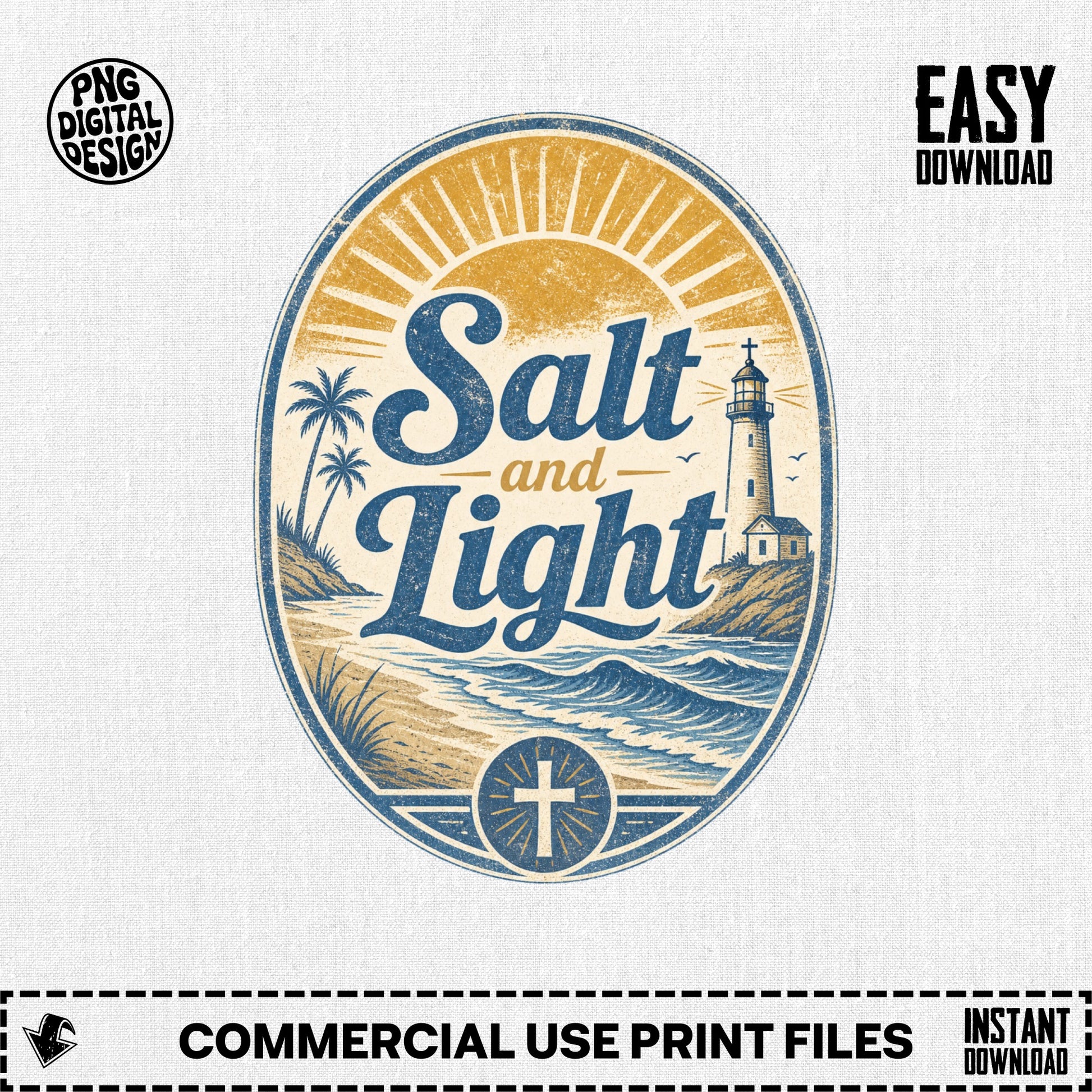 Oval design with beach, lighthouse, and text "Salt and Light" plus a cross.