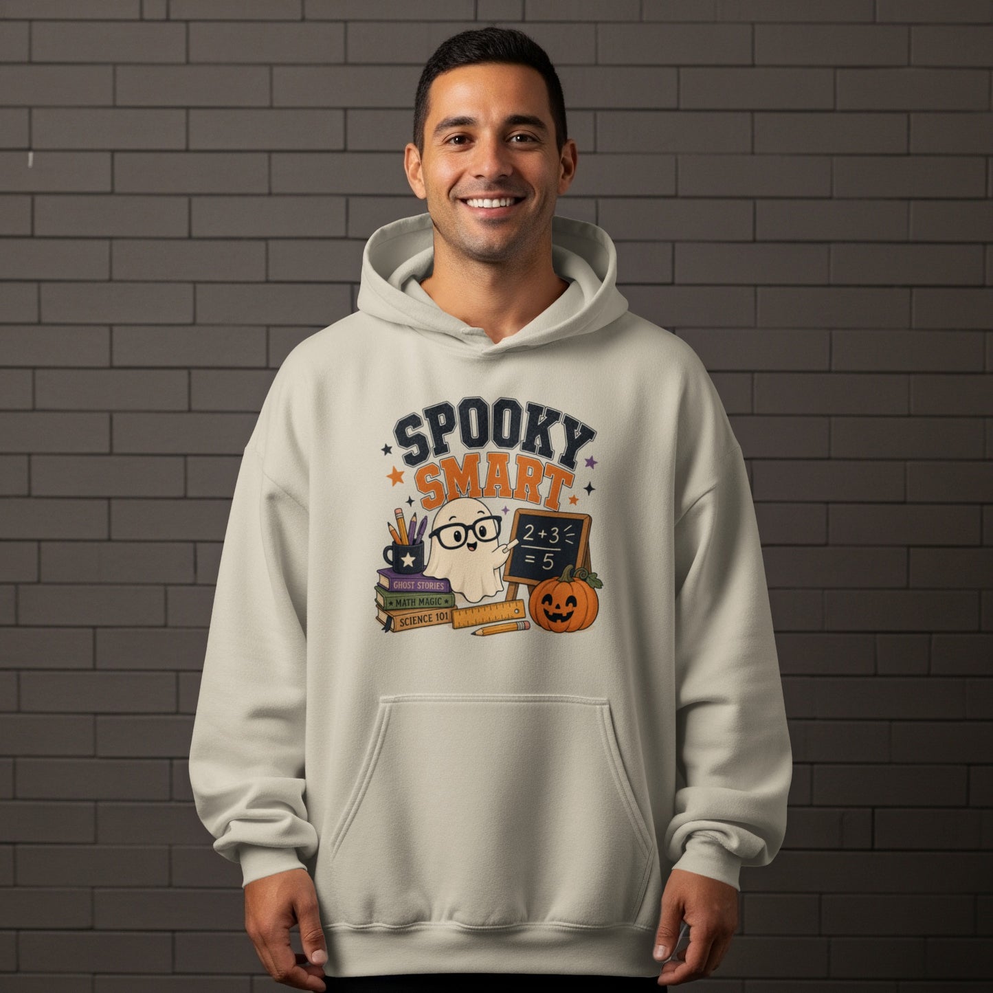 Light grey hoodie with "Spooky Smart" graphic featuring a ghost and school supplies.