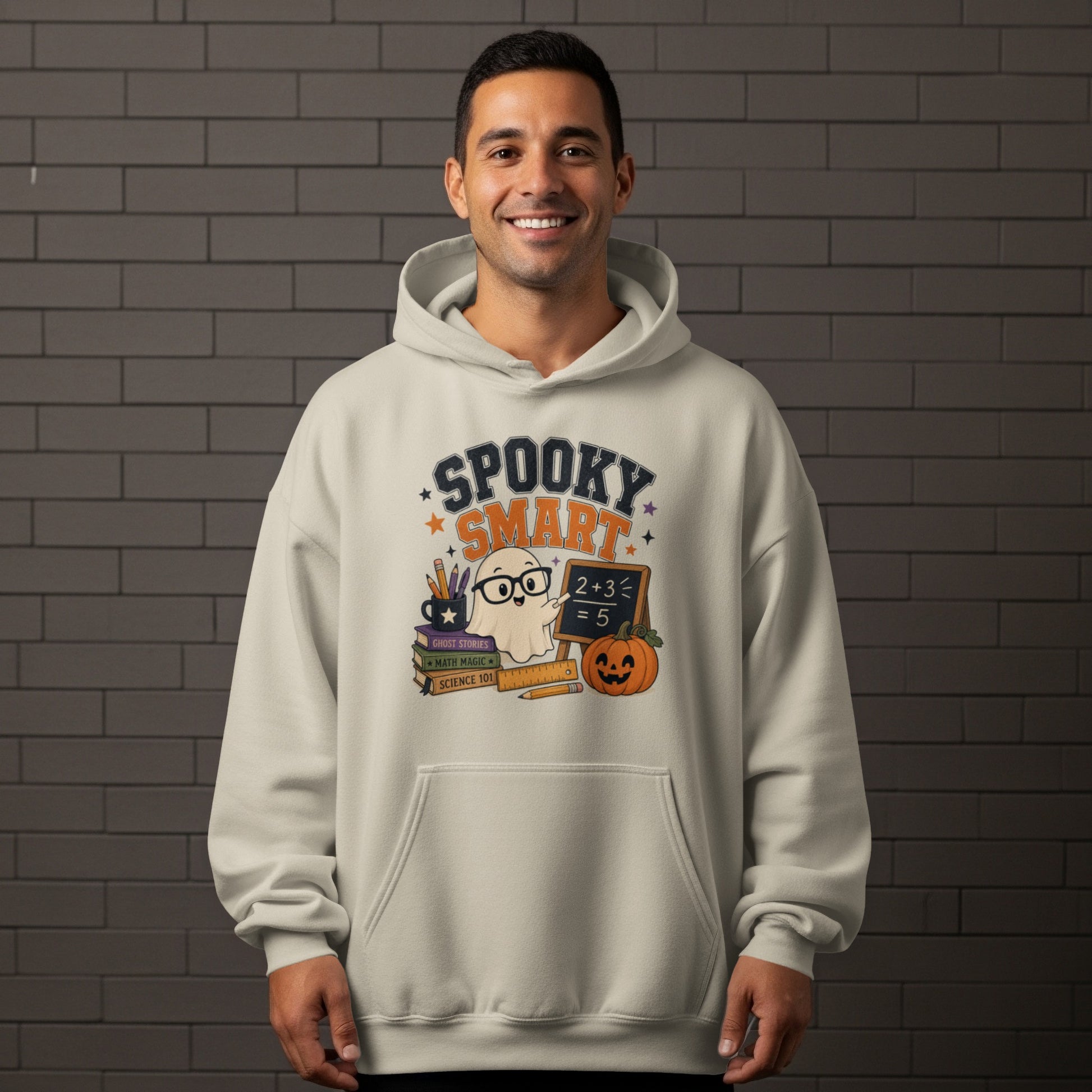 Light grey hoodie with "Spooky Smart" graphic featuring a ghost and school supplies.